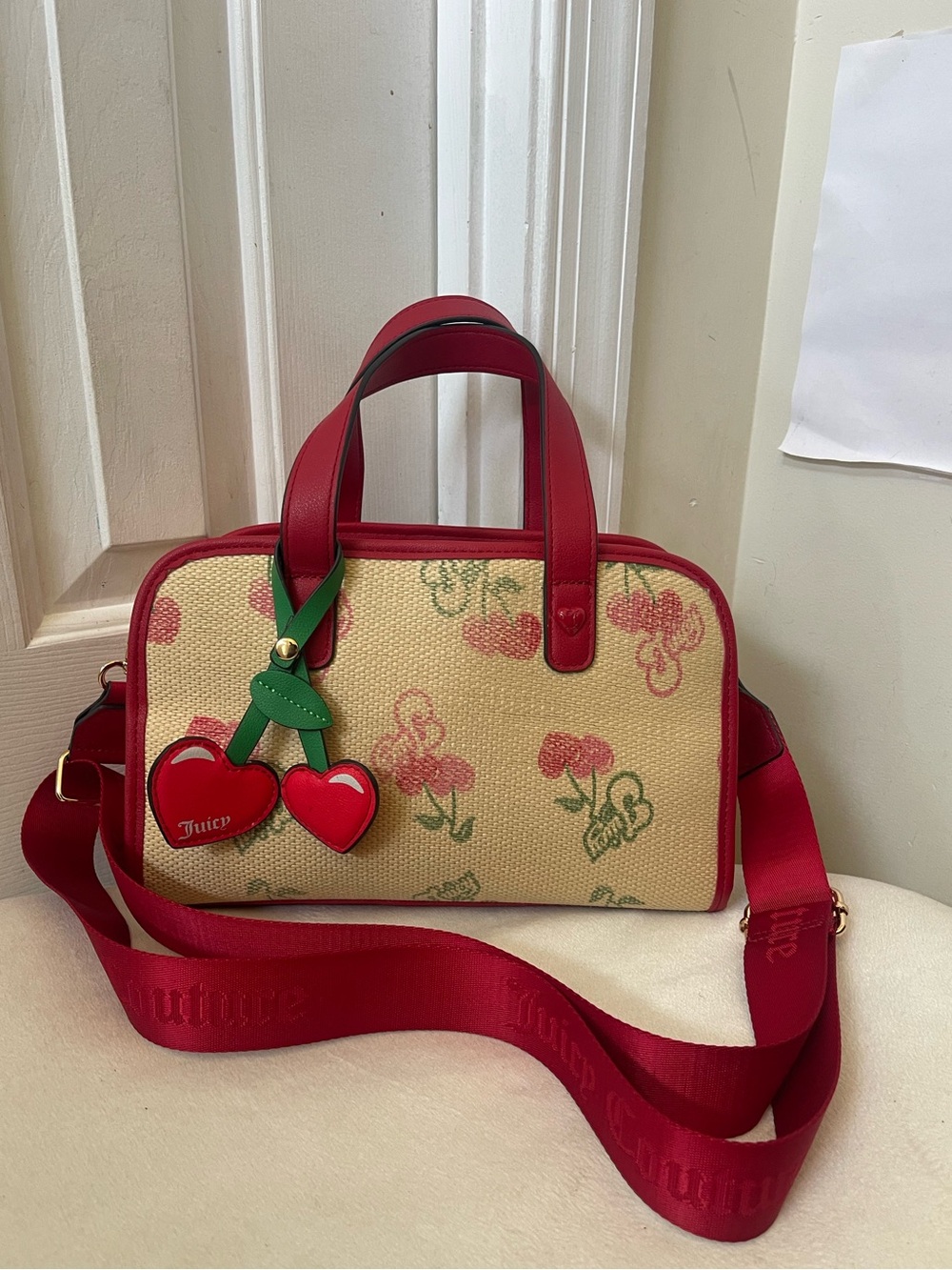 Juicy Couture Red and Natural Cherry Canvas Crossbody Satchel